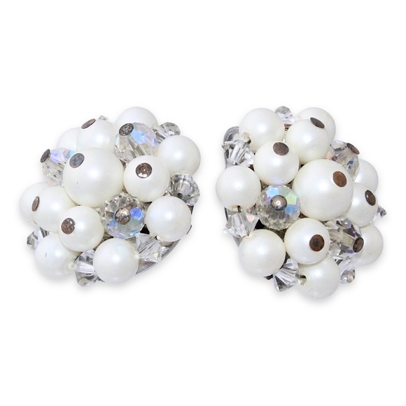 Vintage Laguna Cluster Clip On Earrings Faux Pearl Aurora Borealis Crystal Bead - Picture 2 of 4